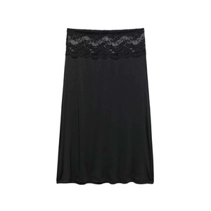 Detailed view of women's black high waist skirt featuring elegant floral lace waistband