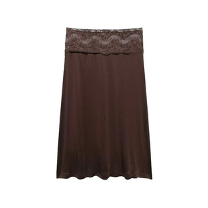 Minimalist high-waisted dark brown half slip skirt with exquisite floral lace waistband