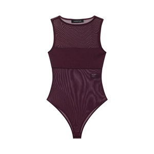 Deep burgundy mesh bodysuit for women with sheer panels and sleeveless round neck design