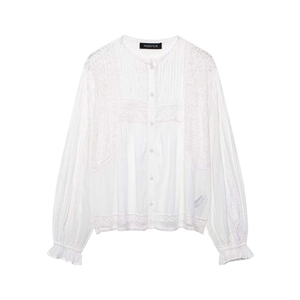 Damen Weiße Spitze Stickerei Bluse Locker Langarm Plissiert Rundhals Rüschenmanschette Retro Boho Style Hemd Top
