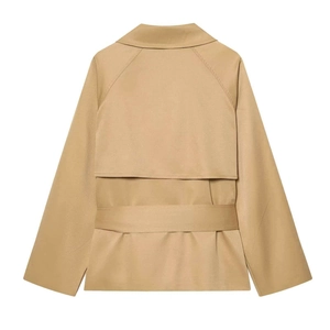 Back view of khaki short trench coat featuring storm flap and belted waist design