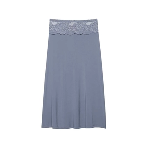 Elegant dusty blue midi skirt with high waist lace trim and soft draping fabric