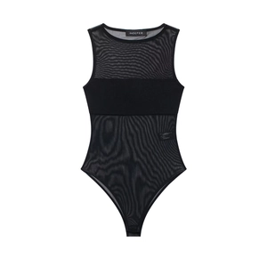 Sleeveless black mesh bodysuit for women with solid panels on a white background