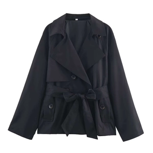 Women's classic black short trench coat with double-breasted buttons and waist belt