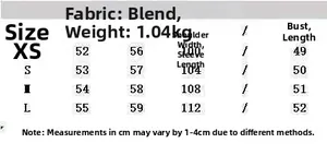 Detailed size chart for black faux leather biker jacket with XS-L measurements in cm