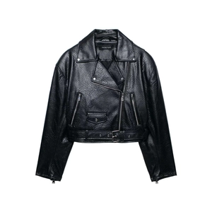Women Black Faux Leather Biker Jacket Cropped Moto Coat With Metal Zippers And Belt Pebbled Texture Punk Style Outerwear