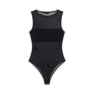 Detail of sheer black mesh bodysuit with solid fabric splicing and sleeveless design