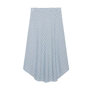 Jupe midi trapèze pour femme à carreaux bleus et blancs avec ourlet asymétrique chic