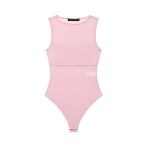 Pink sleeveless mesh bodysuit with ribbed knit panels and sheer inserts for women
