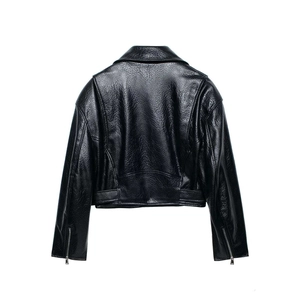 Women's black cropped faux leather biker jacket with silver zippers and pebble texture