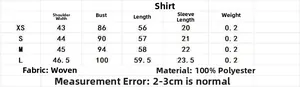Detailed size guide table for women puff sleeve shirt with measurements from XS to L