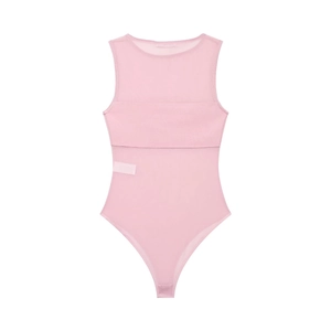 Detail of light pink sleeveless bodysuit featuring sheer mesh panels and solid fabric