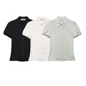 Women Elegant Satin Puff Sleeve Shirt Lapel Single Breasted Short Sleeve Blouse Solid Color Professional Commuter Top For Summer