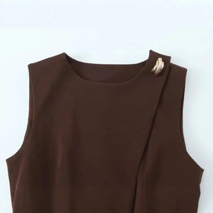 Women sleeveless dark brown suit set with V-neck crossover top and gold button detail