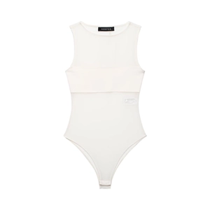 White sleeveless bodysuit featuring sheer mesh splicing and a round neck design