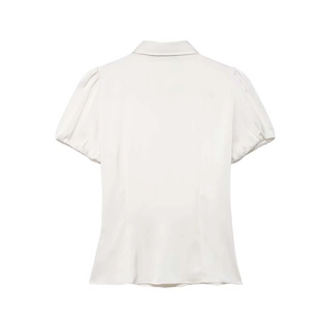 Elegant white satin short sleeve blouse with lapel collar and puff sleeves on white background