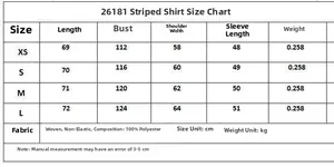 Size chart for striped poplin shirt with detailed measurements for XS, S, M, and L sizes