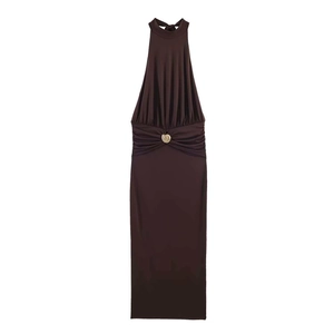 Elegant deep brown halter neck maxi dress with pleated waist and gold buckle detail