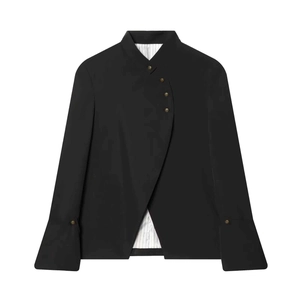 Women's black cropped blazer with asymmetric gold buttons and flared cuffs
