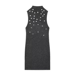 Abito da Donna Elegante Grigio Scuro Senza Maniche in Maglia Mini Abito Con Bottoni Decorativi Lupetto Slim Fit Party