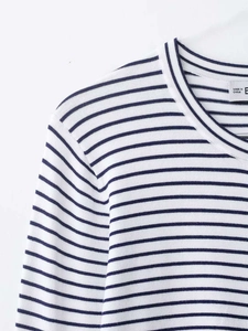 Dettaglio del girocollo e della trama a maglia fitta del maglione a righe blu e bianche