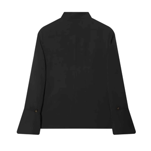 Rear view detail of black long sleeve blazer showing structured collar and button cuffs