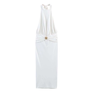Elegant white satin halter neck maxi dress featuring gold spiral buckle and ruched waist