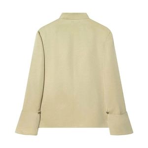 Back view of light khaki long sleeve jacket with stand collar and gold metal buttons