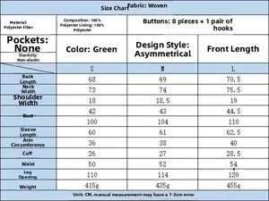 Size chart with detailed measurements for green asymmetric plaid blazer jacket in centimeters