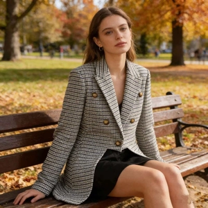 Elegant grey plaid double-breasted tweed blazer with decorative gold buttons for women