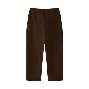 Deep brown high-waisted wide leg trousers with pleated waist for a minimalist summer style