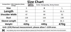Detailed size chart for fashion bomber jacket and pants set with fabric specifications