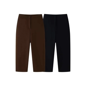 Casual high waist straight leg cropped trousers in dark brown and black colors