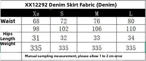 Detailed size chart for vintage high waist pleated denim skirt featuring sizes XS to L