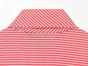 Detail of pink and beige striped poplin shirt neckline with diagonal striped collar trim