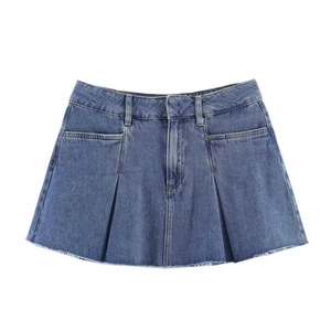 Vintage Blue Pleated Denim Mini Skirt High Waist Raw Hem Casual Washed A-Line Jeans Short Skirt For Women Daily Fashion
