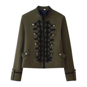 Women Vintage Military Style Short Blazer Jacket With Frogging Metal Buttons Stand Collar Shoulder Pads Autumn Outerwear