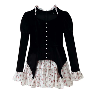 Vintage velvet mini dress with floral puff sleeves and decorative pearl buttons