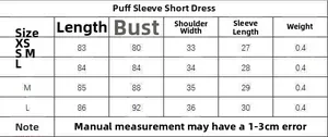 Size chart table for puff sleeve short dress showing lengths and bust measurements