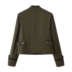 Olive green military style blazer with shoulder pads and knotted button details for women