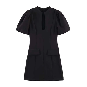 Women Summer Elegant Round Neck Puff Sleeve Black Mini Dress Sexy Hollow Out Front Short A-Line Dress Party Wear