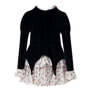 Long sleeve velvet floral patchwork dress for girls with tiered ruffle skirt