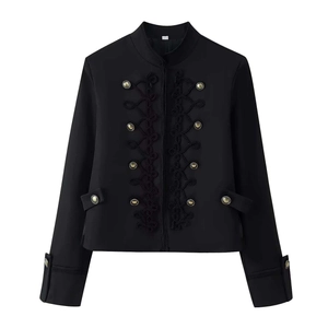 Vintage black military style jacket with padded shoulders and gold relief buttons
