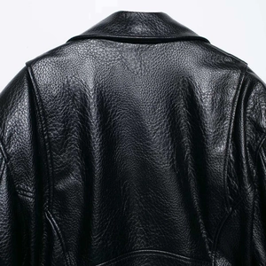 Classic black litchi texture faux leather biker jacket featuring a minimalist back design