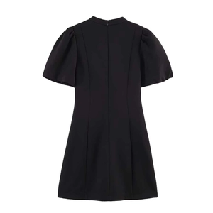 Elegant black A-line mini dress with puff sleeves and invisible back zipper closure