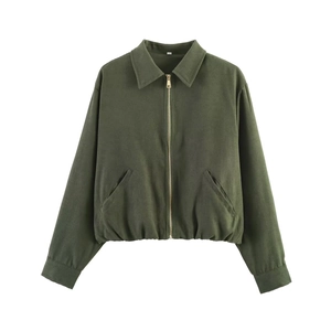 Front view of an olive green bomber jacket with lapel collar and metal zipper