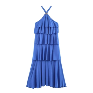 Robe Longue Maxi pour Femme Bleu Royal Licou Col en V Volants Sexy Dos Nu Jupe Gâteau à Étages Sans Manches Soirée d'Été