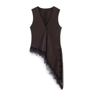 Débardeur Sans Manches Col en V pour Femmes Marron Café Ourlet Asymétrique Dentelle de Cils Bouton Coupe Ajustée Gilet d'Été Commuter
