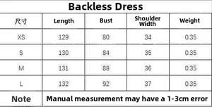 Size chart showing XS to L measurements for the backless slim fit summer dress
