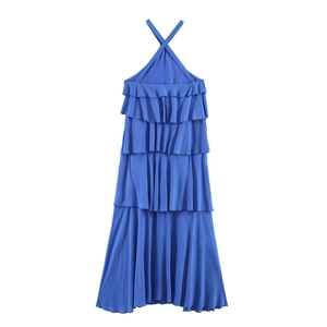 Robe dos nu bleu roi élégante avec volants superposés et design sexy dos ouvert